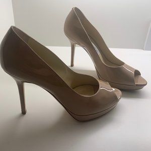 Jimmy Choo Luna Nude Patent Leather Peep-Toe Pumps